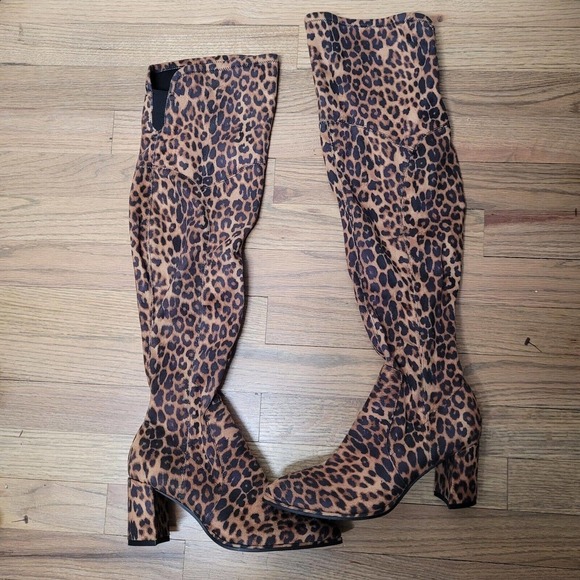 New Marc Fisher LULEY Stretch Leopard Chunky Heel Zip Over the Knee Boots sz 6 - Picture 5 of 8